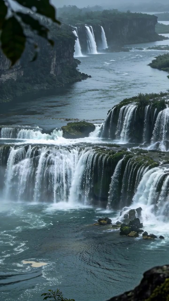 Video verticale: Cascate a più livelli che si riversano su sporgenze dalla riva, il flusso del fiume che genera schiuma, nebbia