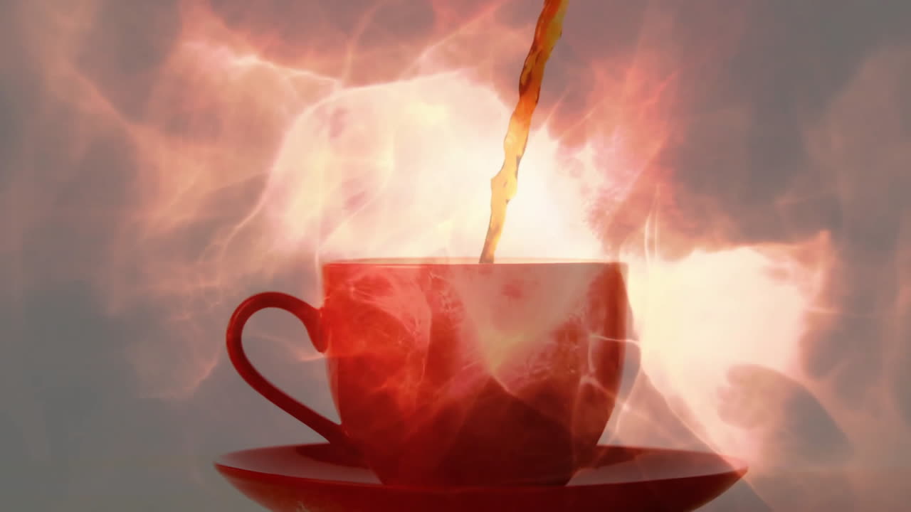 Pouring liquid streaming into red ceramic cup, glowing steam swirling around saucer in 3D render