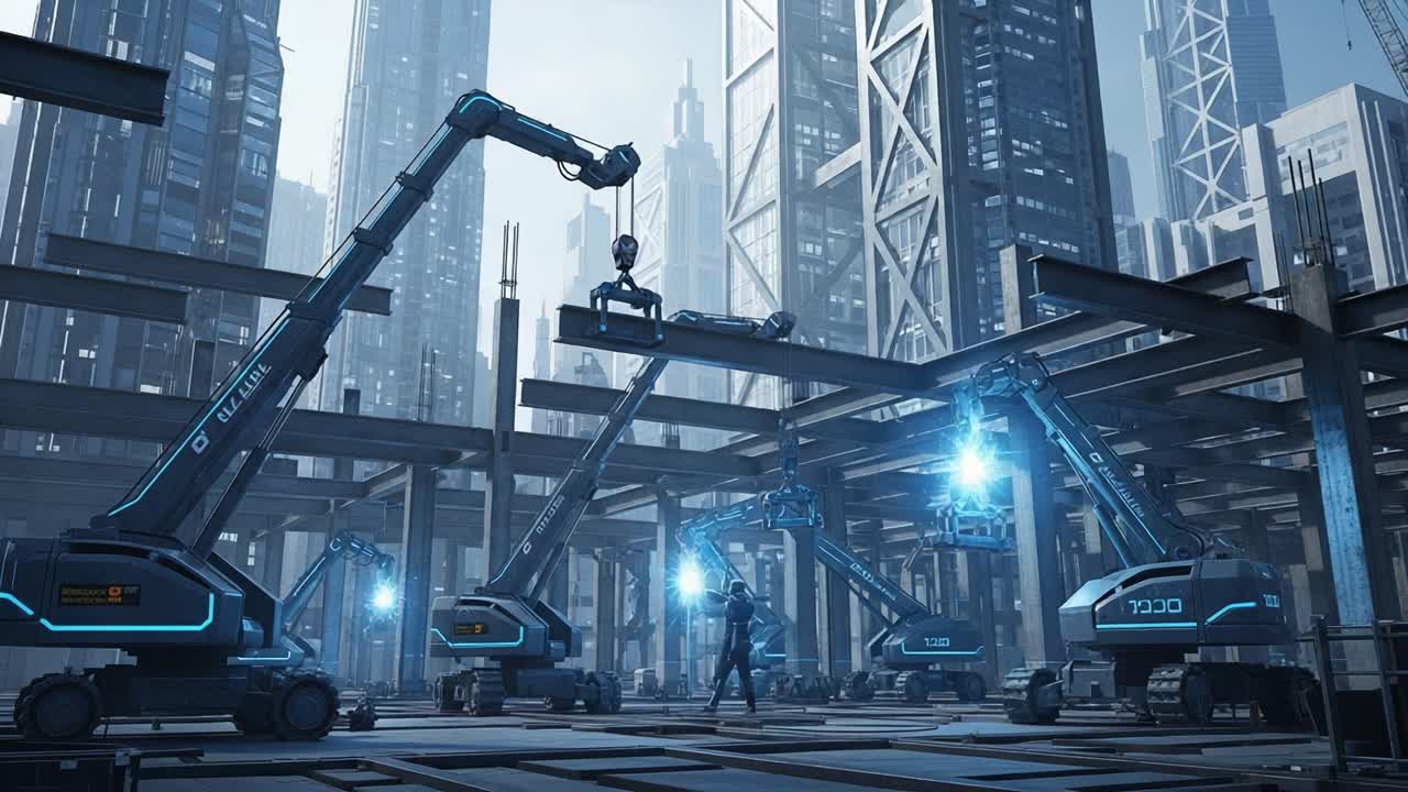 Futuristic Construction Scene Featuring Advanced Robotics and Automated Machinery in an Urban Setting with High-Rise Structures in the Background