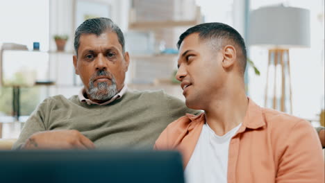 senior father, son and laptop on sofa with talk