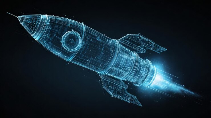 Polygonal wireframe rocket flying through a dark digital space with a glowing blue engine thrust. Futuristic aerospace technology and innovation concept for startup business and exploration
