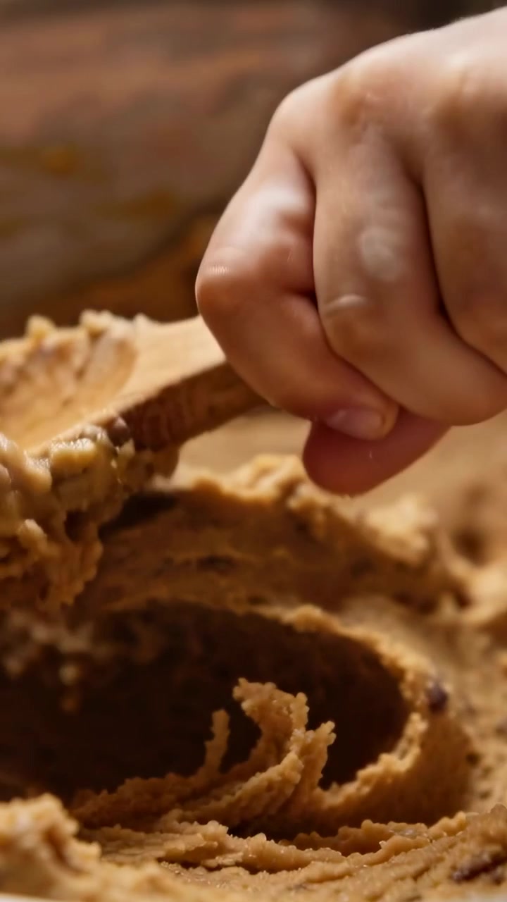 Video verticale: Mano destra che porziona e raccoglie l'impasto per biscotti in una ciotola trasparente in cucina usando un cucchiaio.