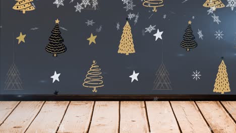 Animation-of-snow-falling-over-christmas-trees-and-decorations-on-black-background