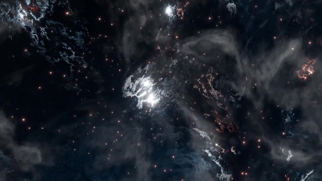 Cinematic Dark Cosmic Nebula with Swirling Dust and Glowing Stars