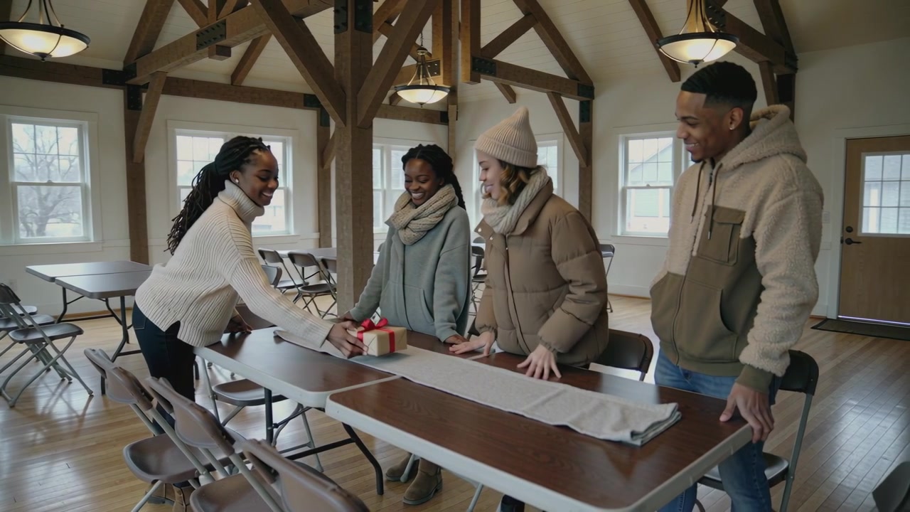 Unrolling four in coats smoothing runner on long table in hall, approaching woman placing red gift