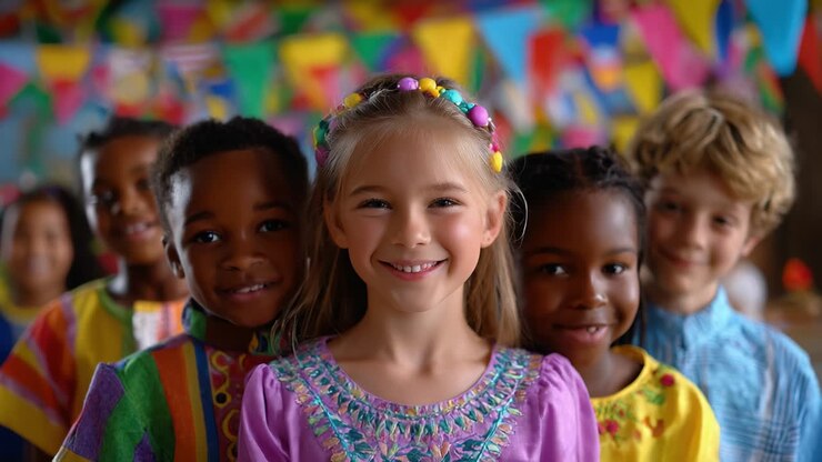 Grupo de crianças diversas sorrindo em uma celebração