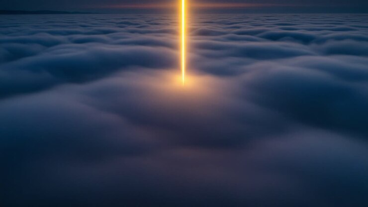 A captivating scene reveals a radiant beam of light piercing through the thick cloud cover, illuminating the atmosphere below with a surreal glow during twilight