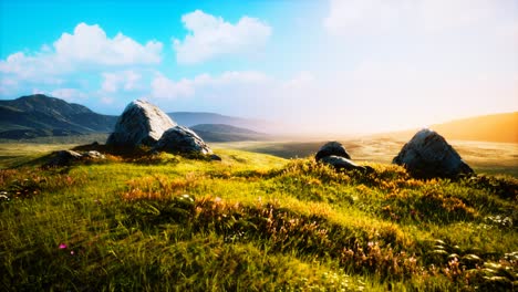 meadow with huge stones among the grass on the hillside at sunset