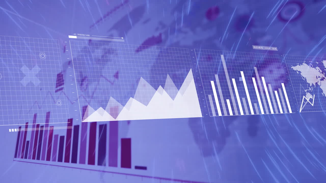 animación del procesamiento de datos y diagramas sobre formas de neón