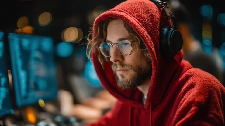 Fokuseret gamer i rød hættetrøje fordybet i konkurrencepræget gaming, omgivet af abstrakte digitale grænseflader og en pulserende atmosfære