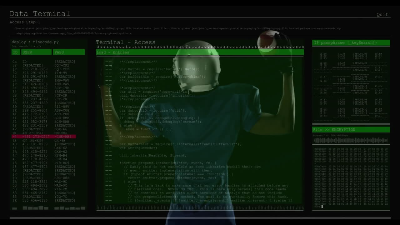 Man wearing helmet raising boxing gloves in tech terminal, overlaying code and encryption panels