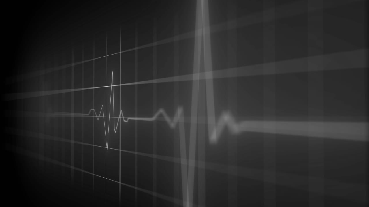 White EKG heartbeat line pulses on a grid background, simulating a futuristic medical monitor. For health or technology concepts