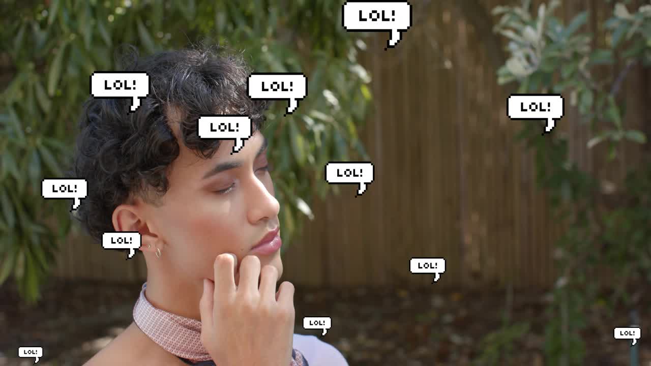 Man adjusting scarf touching face eyes tracking outward starting LOL bubbles flooding frame for ads