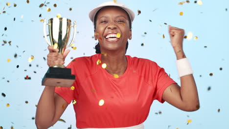 sports woman, trophy and celebration with winner