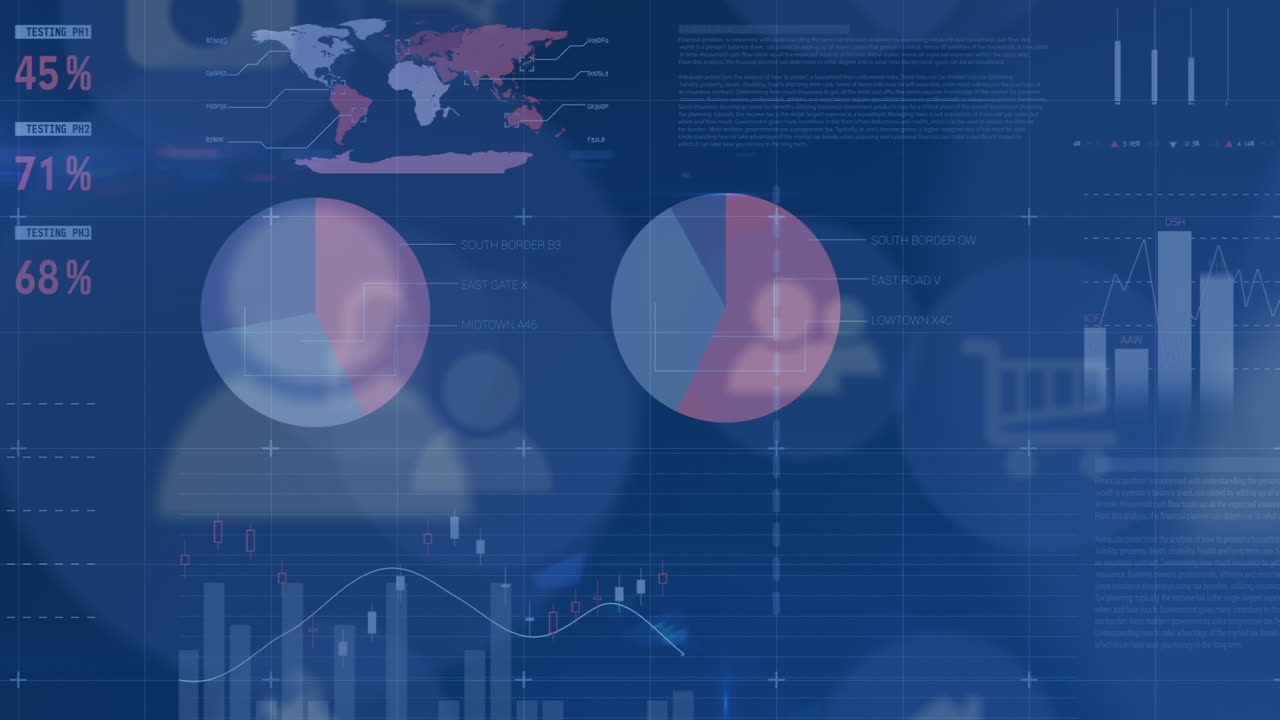 Animation of people icons, statistics and data processing on screen