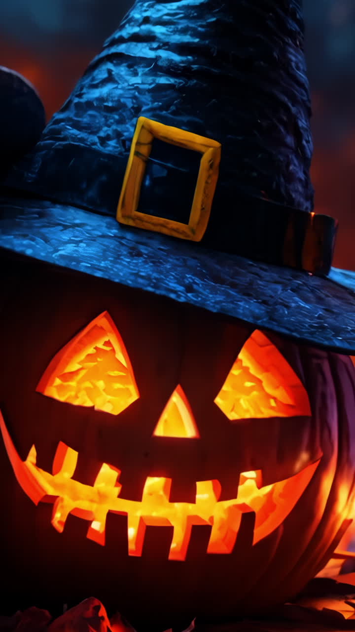 Two pumpkins with witch hats on top of a wooden table. The pumpkins are lit up with candles