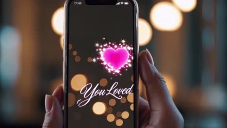 hand holding phone displaying 'you loved' message with heart