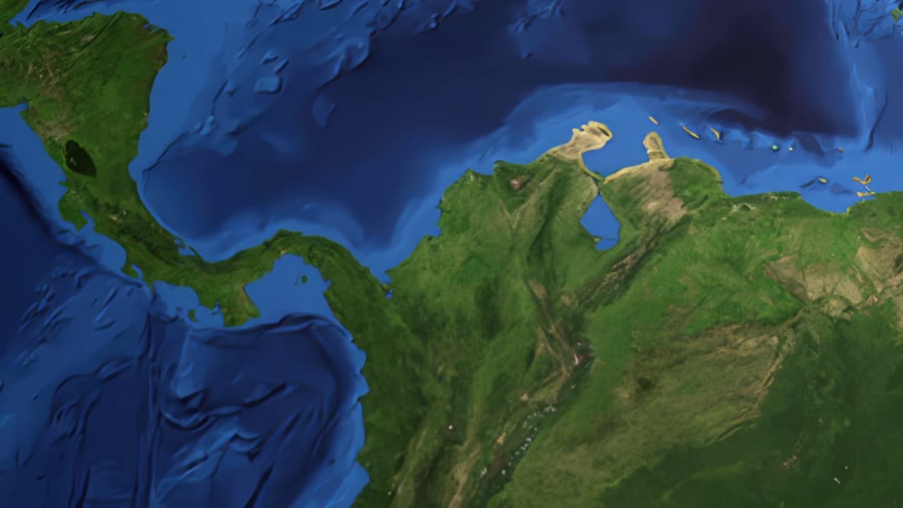 Globo digital gira e aproxima do espaço para a América Central, identificando a localização do Canal do Panamá.