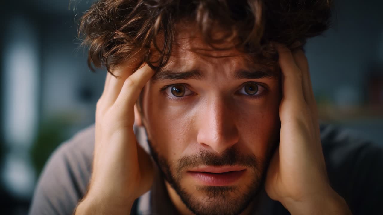 Un giovane uomo esprime un profondo conflitto emotivo e ansia, mostrando un momento di intensa frustrazione e sentimenti travolgenti sul suo viso mentre si tiene la testa.