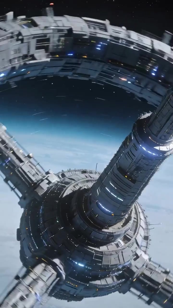Video verticale: Telecamera panoramica che mostra una stazione ad anello in orbita, rivelando mozzo, torre, bracci e luci