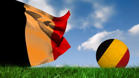 animation of flag of belgium and football over stadium