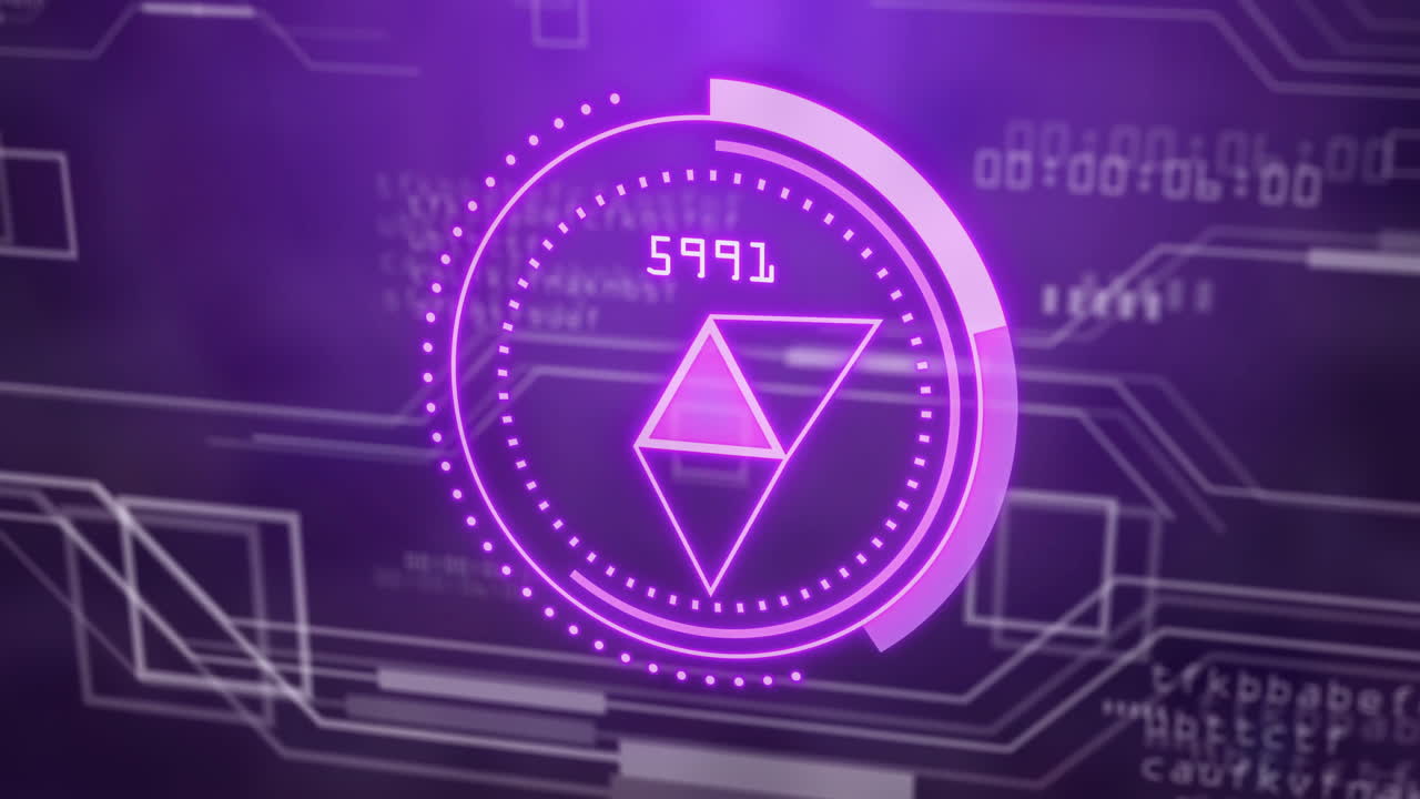 Digital data processing animation with futuristic purple interface and geometric shapes
