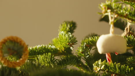 Close-up of pine needles with soft-focused festive background