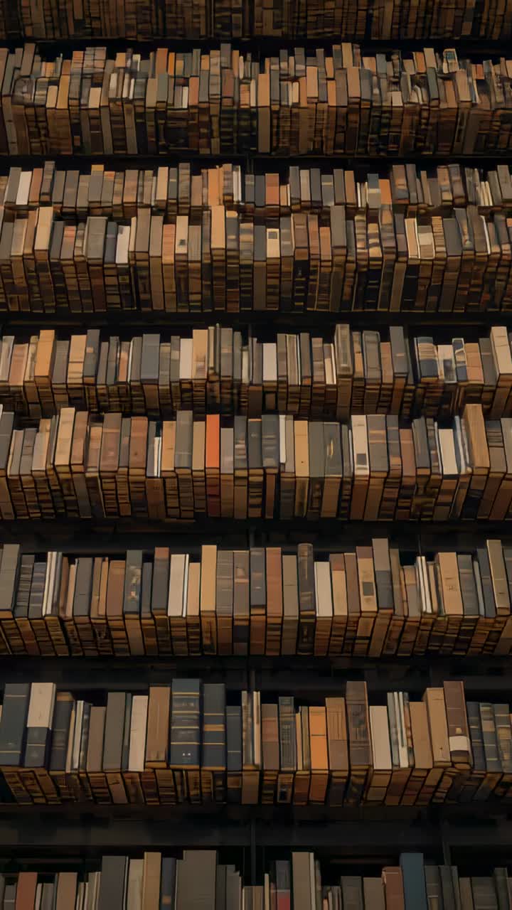 Vertical video: Starting up pan, camera moving up tall stacks in archive revealing hardcover spines