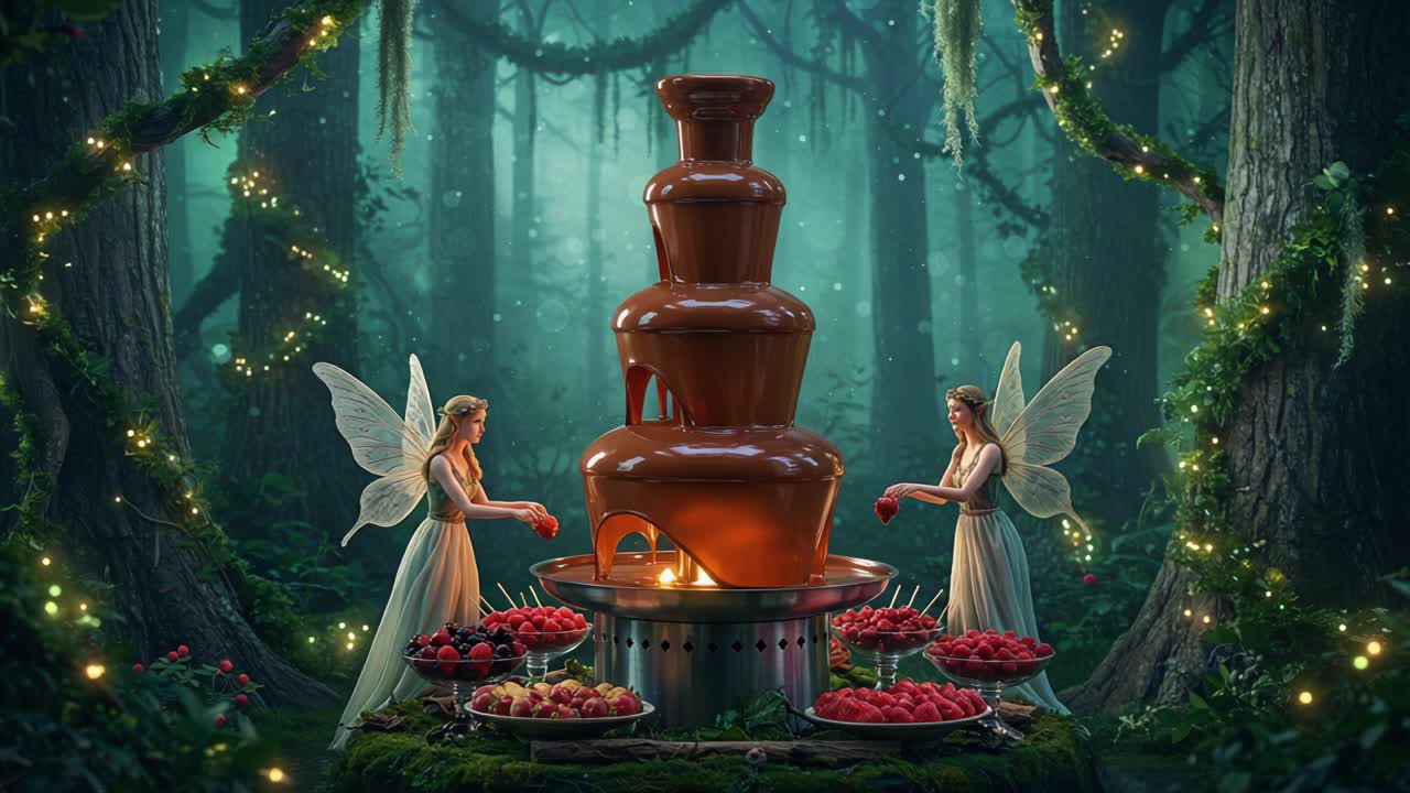 Enchanting Fantasy Scene with Chocolate Fountain Surrounded by Fairies and Juicy Fruits in a Lush Forest Setting Captivating the Imagination with Delightful Indulgence