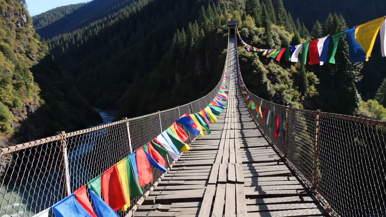 Colorful Prayer Flags on a Mountain Suspension Bridge