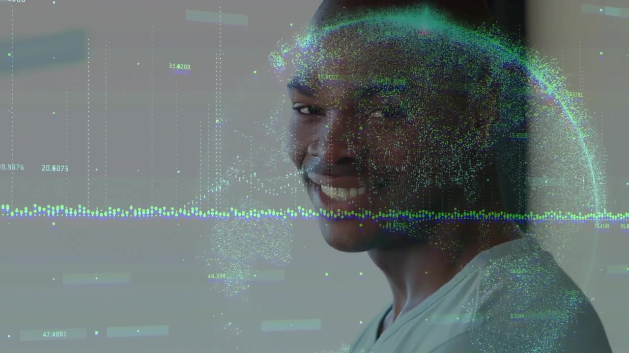 Tapping Black man in light shirt reviewing tablet at bright room closeup, smiling with data overlay