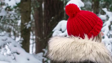 Seitenansicht-Einer-Frau,-Die-Im-Winterwald-Spaziert