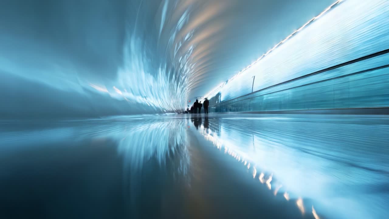 Captivating Glow of Motion: A Dynamic Perspective Through a Modern Underpass Where People Walk Indistinctly, Reflections Enhancing the Aesthetic Flow of the Environment