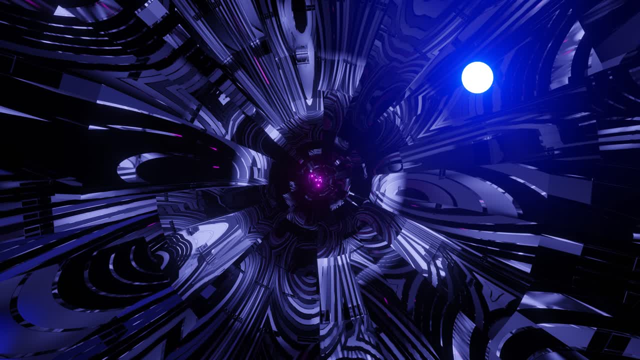 gráficos de movimiento computarizados de túnel estrecho azul oscuro con esferas brillantes que emiten desde el centro