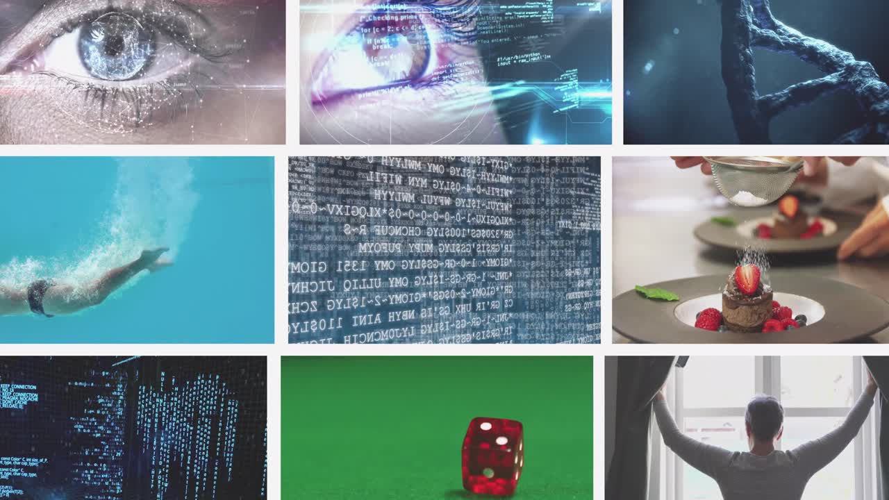 nueve pantallas compuestas, incluyendo ojos, tecnología digital, adn, dados, procesamiento de datos y nadador