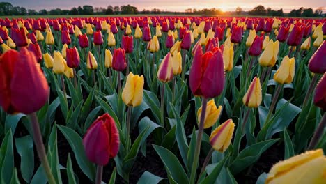 red and yellow tulips gently sway in the morning breeze, their petals glistening with dew as the golden light of dawn bathes the vast field in a warm glow