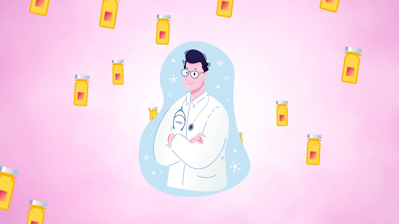 색 배경에 있는 의사와 약 상자 아이콘의 애니메이션