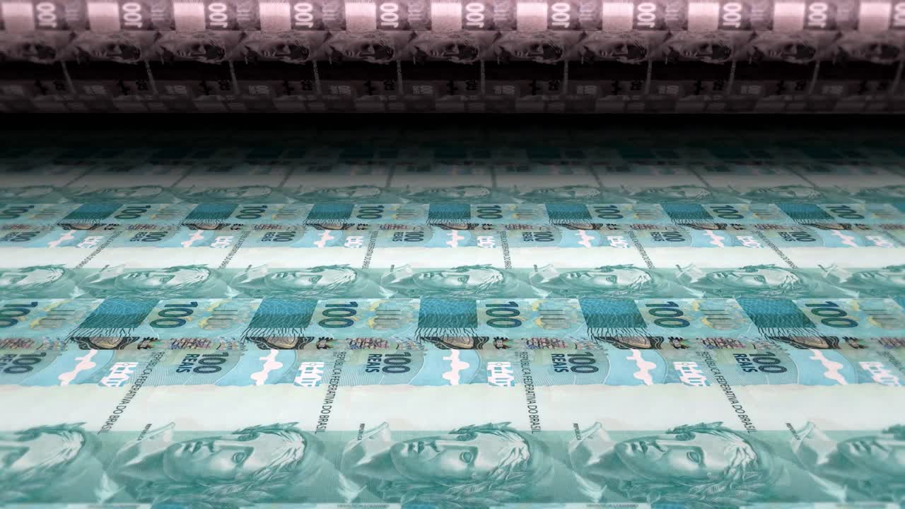 인쇄기 기계 인쇄 100 reais 지폐, 브라질, 클로즈업