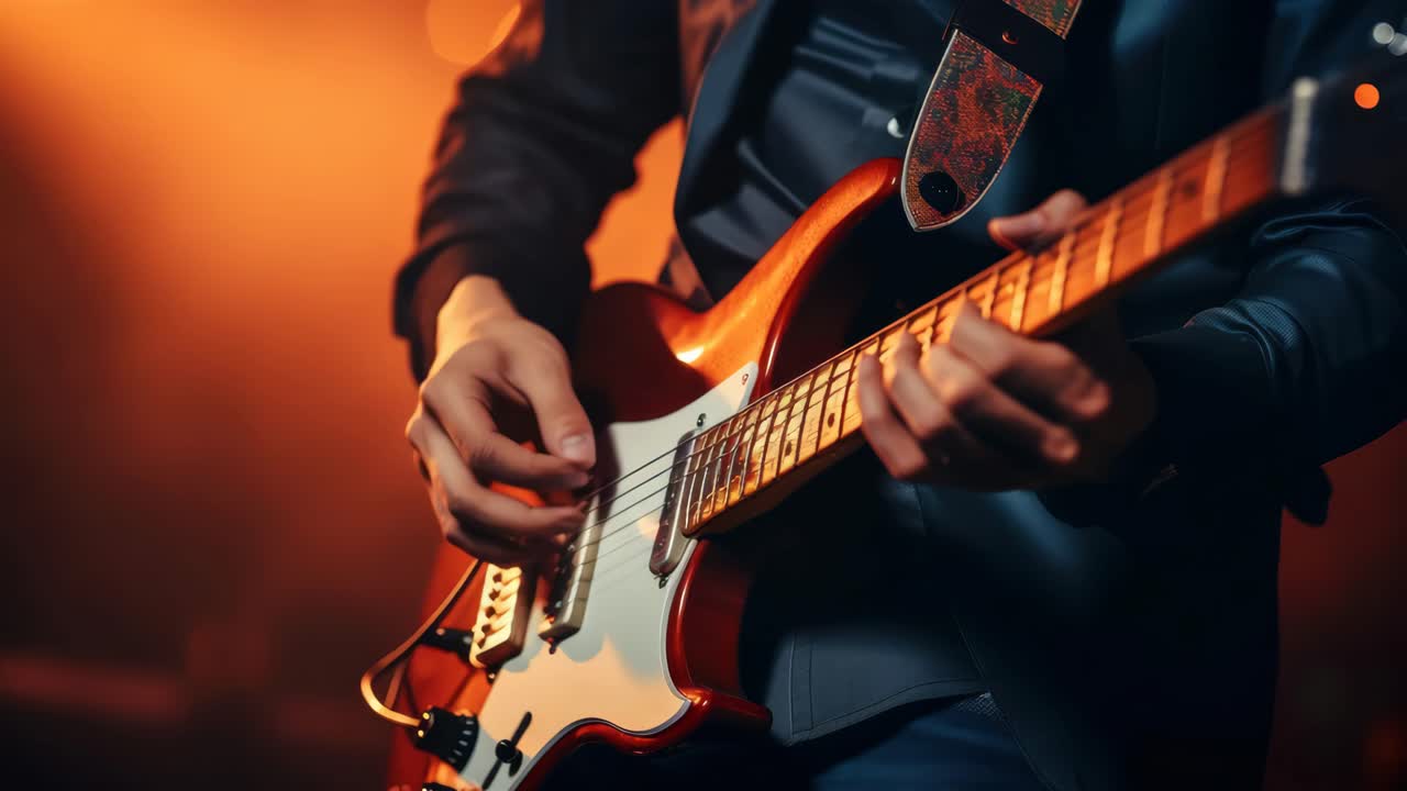 Video ravvicinato di un musicista che suona una chitarra elettrica, con un'illuminazione calda che crea un'atmosfera vivace