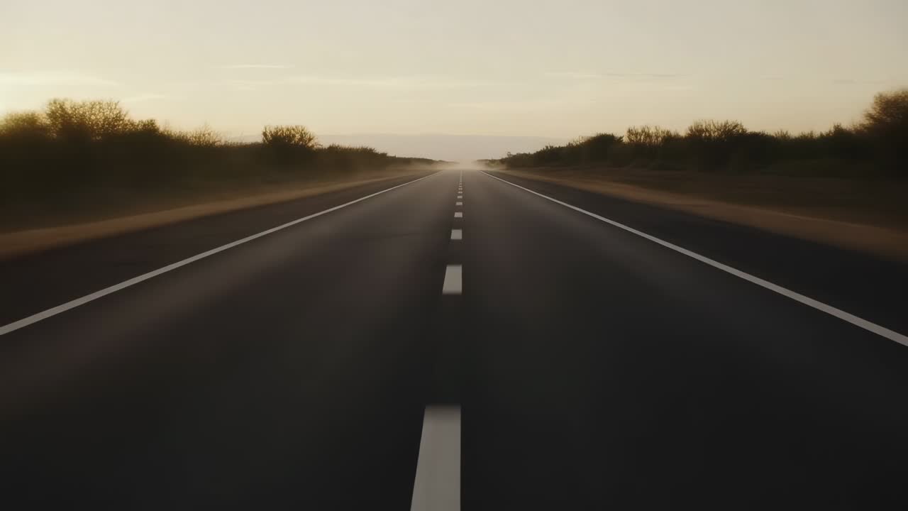 Moving camera revealing two-lane desert highway center marks, dust rising showing sun glare