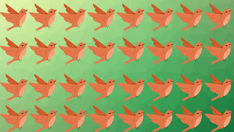 animation of rows of tropical birds moving on green background