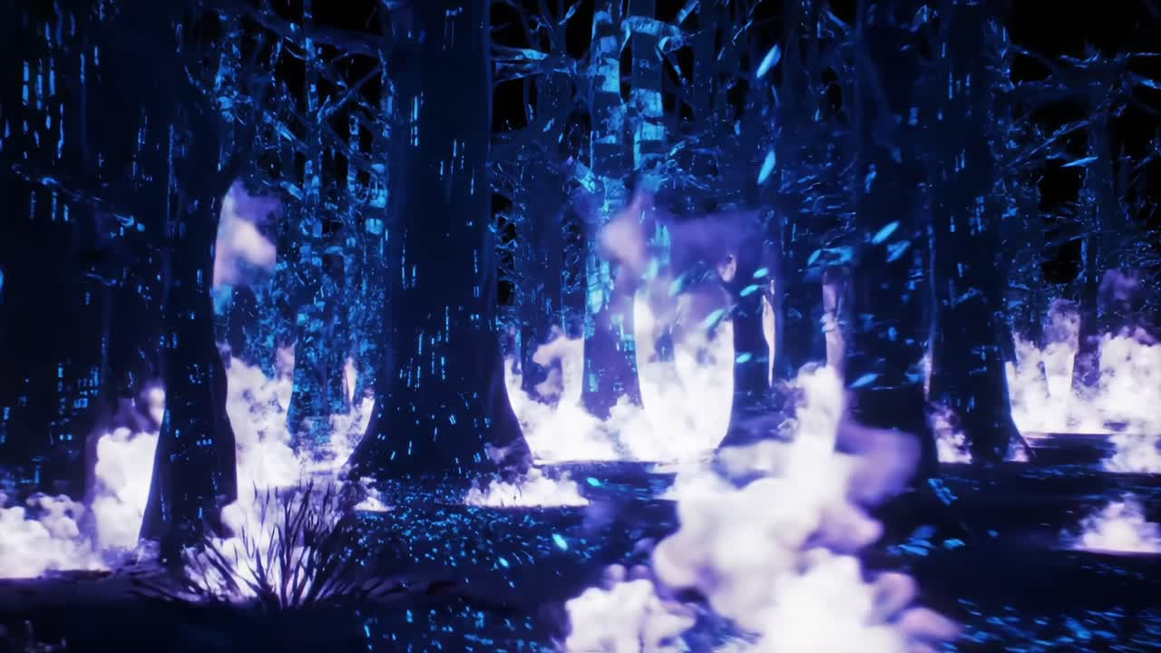 A Mysterious Digital Forest Glowing with Ethereal Blue Light and Enigmatic Mist Revealing the Intersection of Nature and Technology in a Surreal Environment