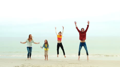 smiling family jumping together