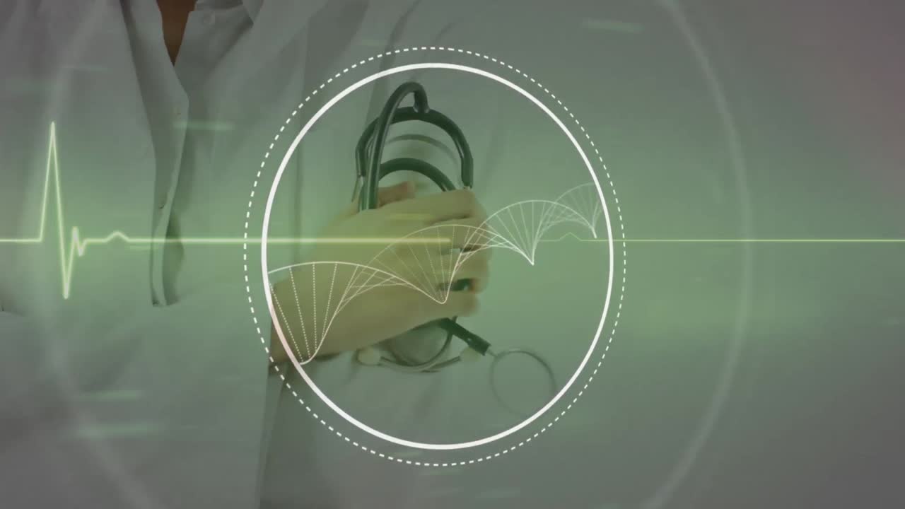 백인 여성 의사 의 중간 부분 위 에 있는 원 에 있는 dna 의 애니메이션