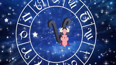 Animation-of-aries-star-sign-inside-spinning-wheel-of-zodiac-signs-over-stars-on-blue-sky