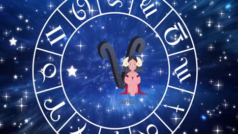 animation of aries star sign inside spinning wheel of zodiac signs over stars on blue sky