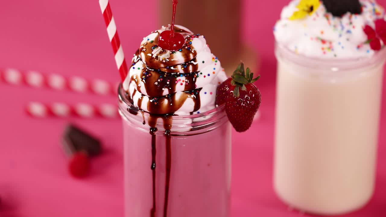 Pink strawberry milkshake garnished with whipped cream, chocolate syrup, sprinkles, and cherry on pink background