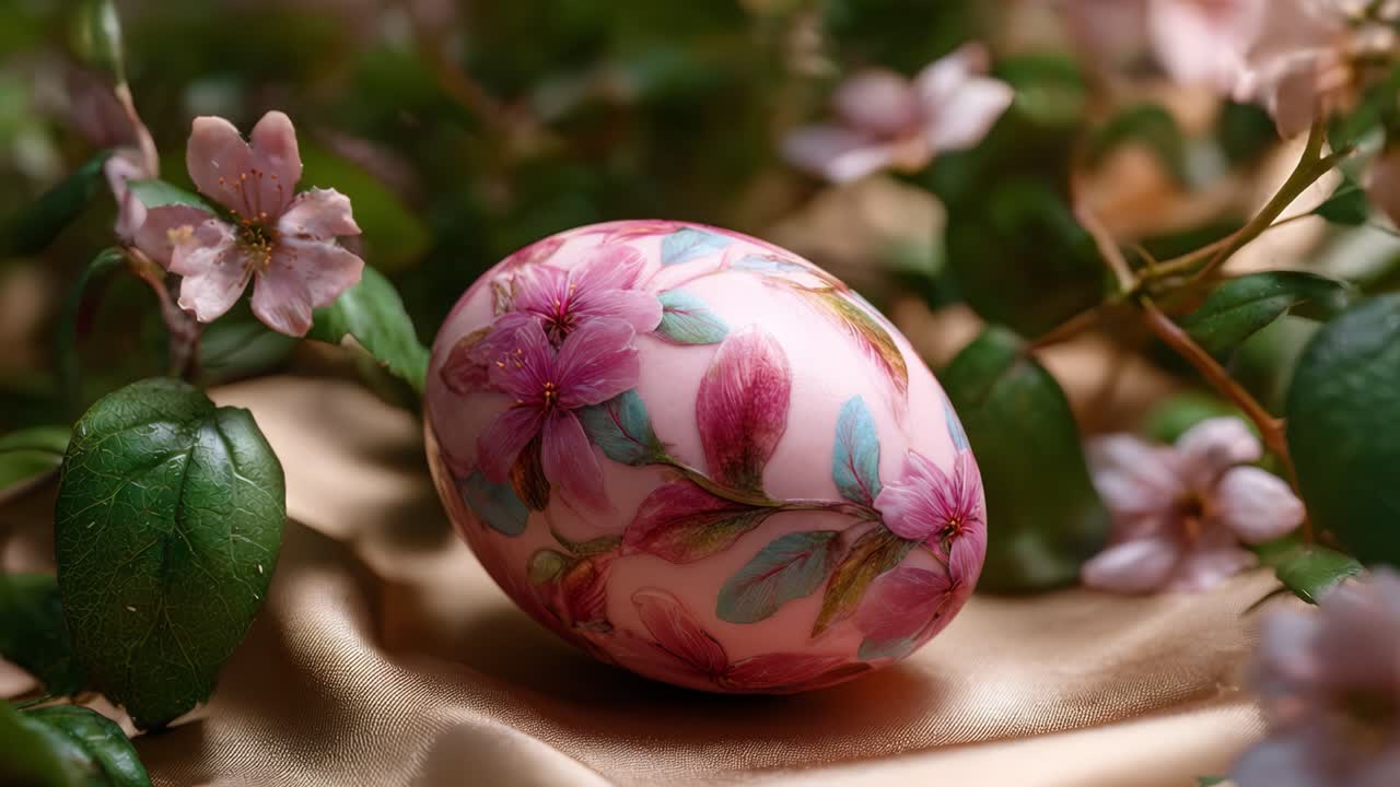 Beautifully Decorated Easter Egg Surrounded by Delicate Pink Flowers and Lush Green Leaves on a Satin Surface with a Soft Focus Background