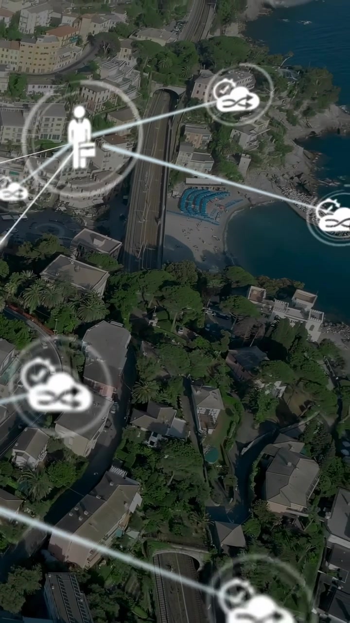 Diagonal line starting briefcase icon pulsing sending nodes to shore fading showing technology