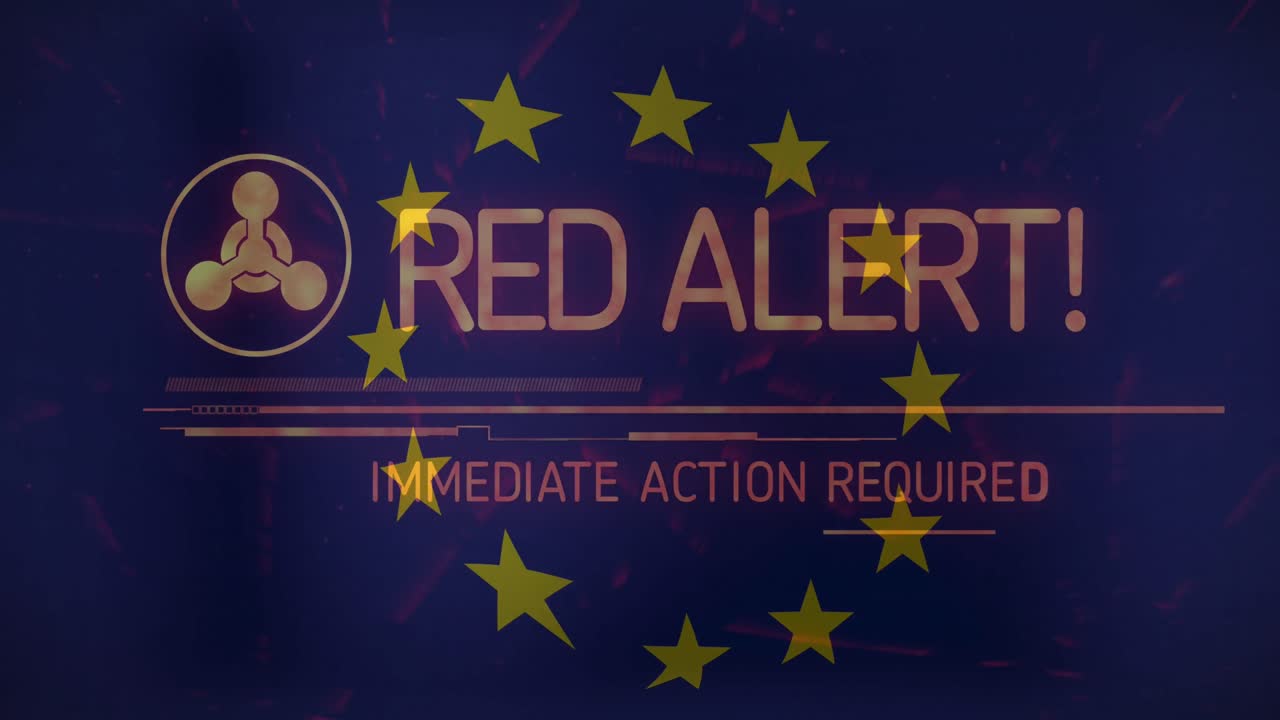 animación del texto de alerta roja sobre la bandera de la ue